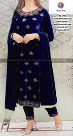 Stitched Velvet Kurti Pant Dupatta with multi swarovski work