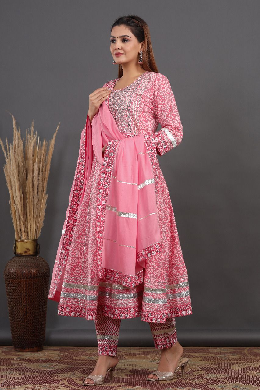 Cotton Bagru Print Anarkali with Ajrakh Print Pant n Dupatta
