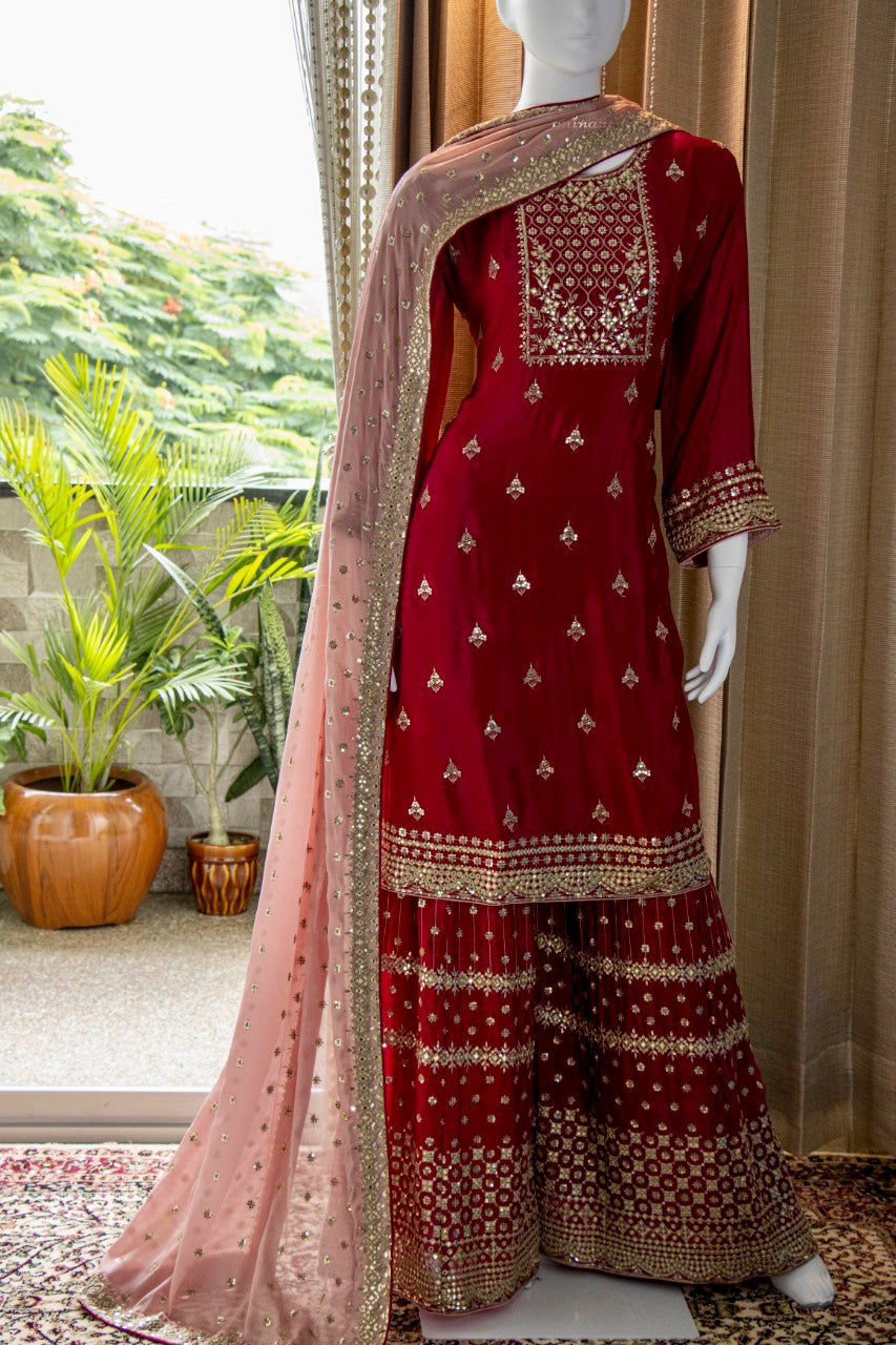 Beautiful Chinnon Shirt Skirt Dupatta