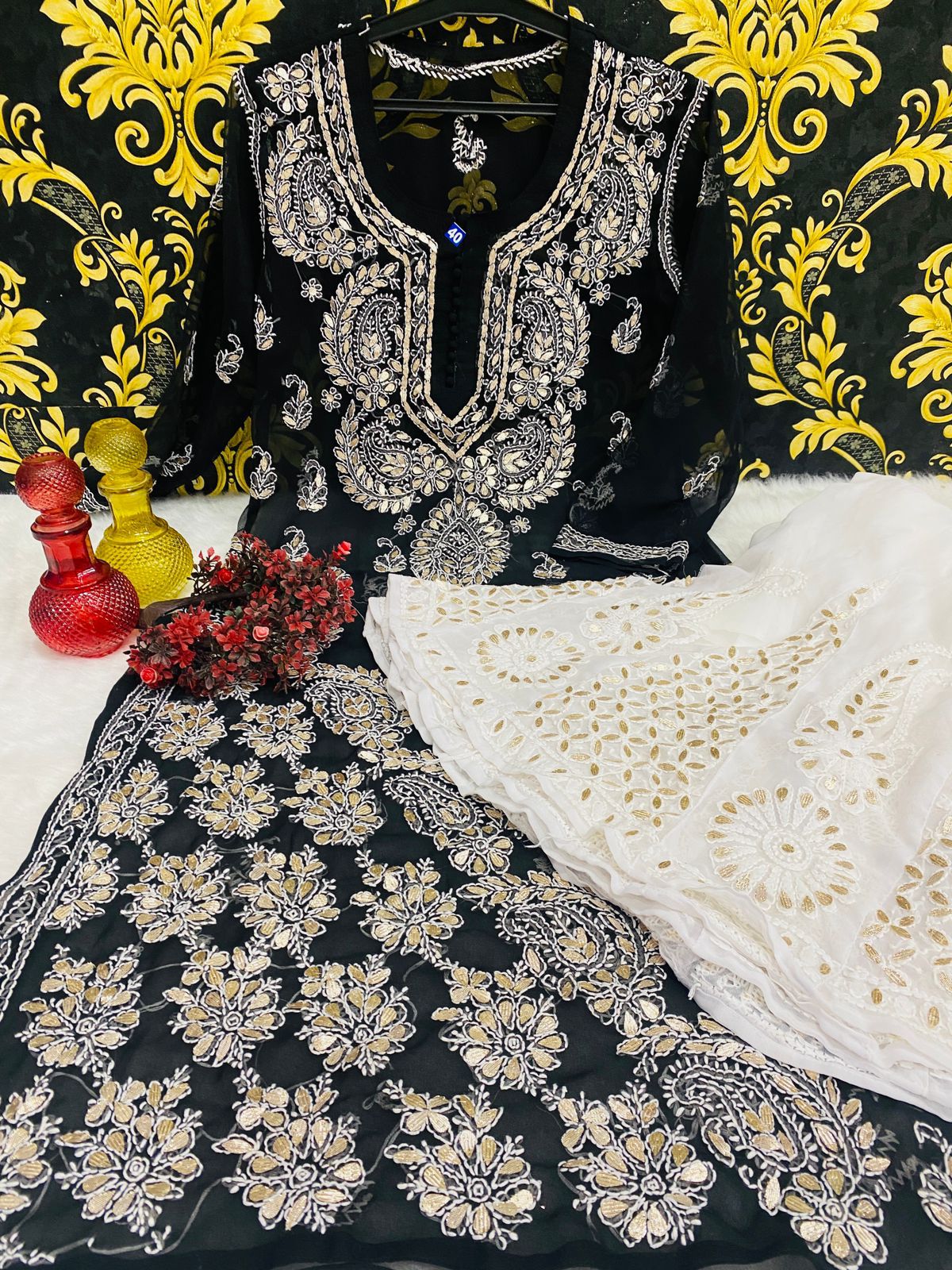 Beautiful Georgette Chikan Kurti Sharara
