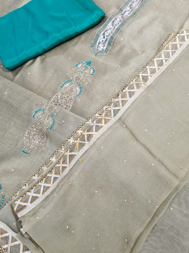 Chanderi Shirt with Gotta work, Chiffon Embroidered Dupatta n Shantoon Bottom