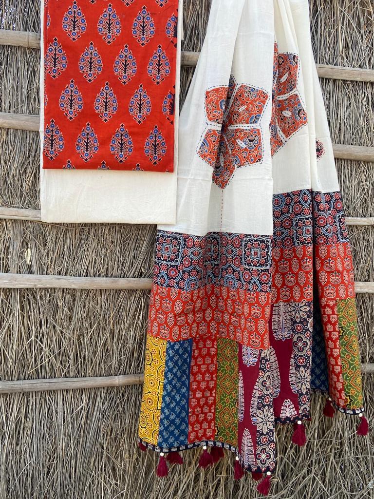 Ajrakh Suits with Applique Dupatta