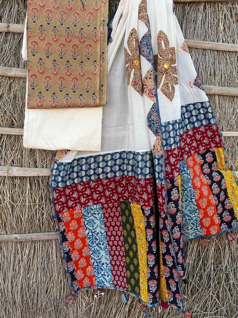Ajrakh Suits with Applique Dupatta