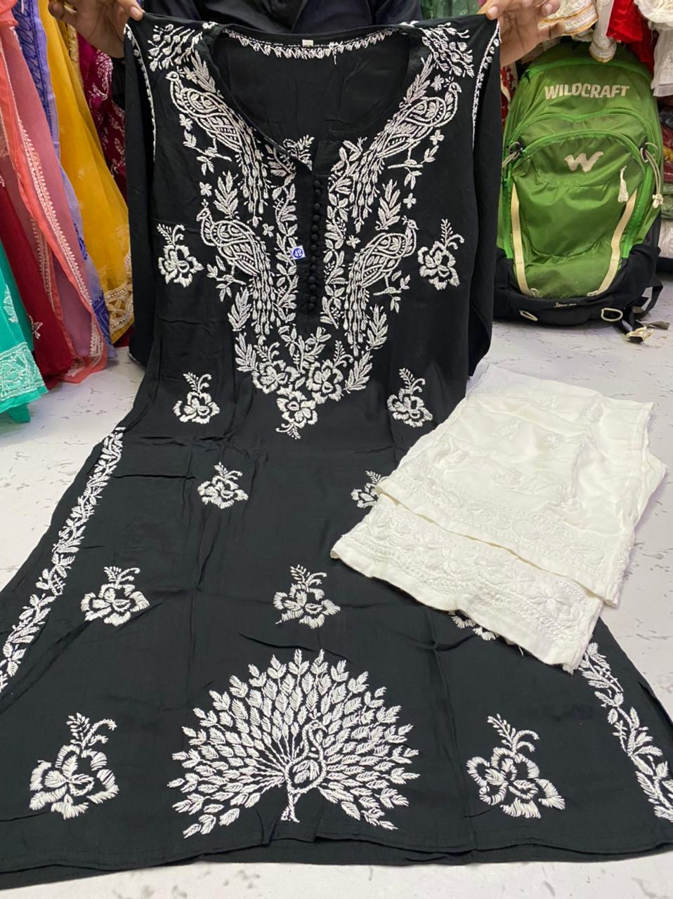 Chikankari Kurti Pant with peacock design