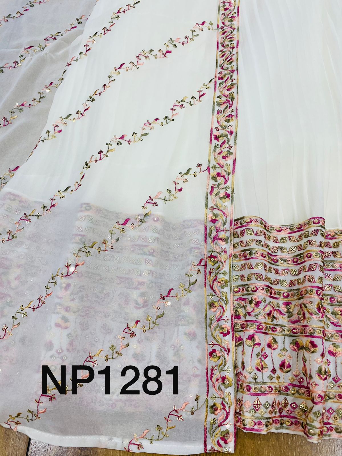 Georgette pleated gown with sequins embroidery