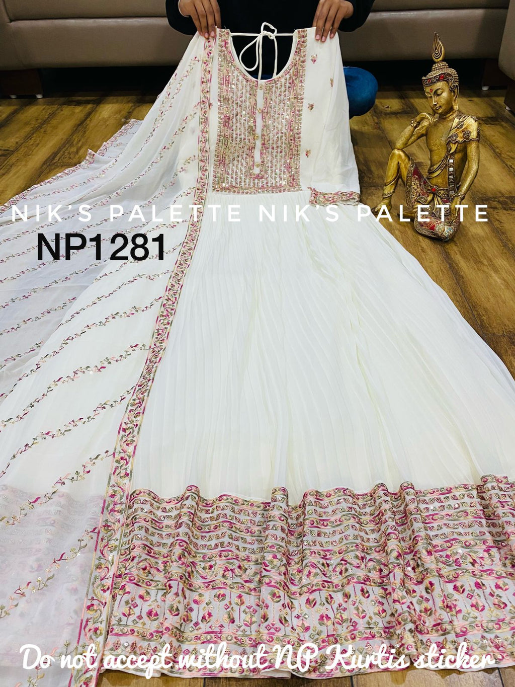 Georgette pleated gown with sequins embroidery