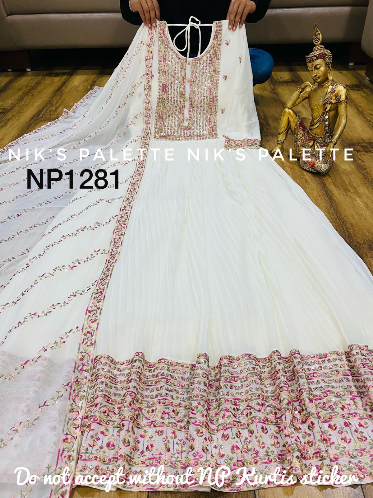 Georgette pleated gown with sequins embroidery