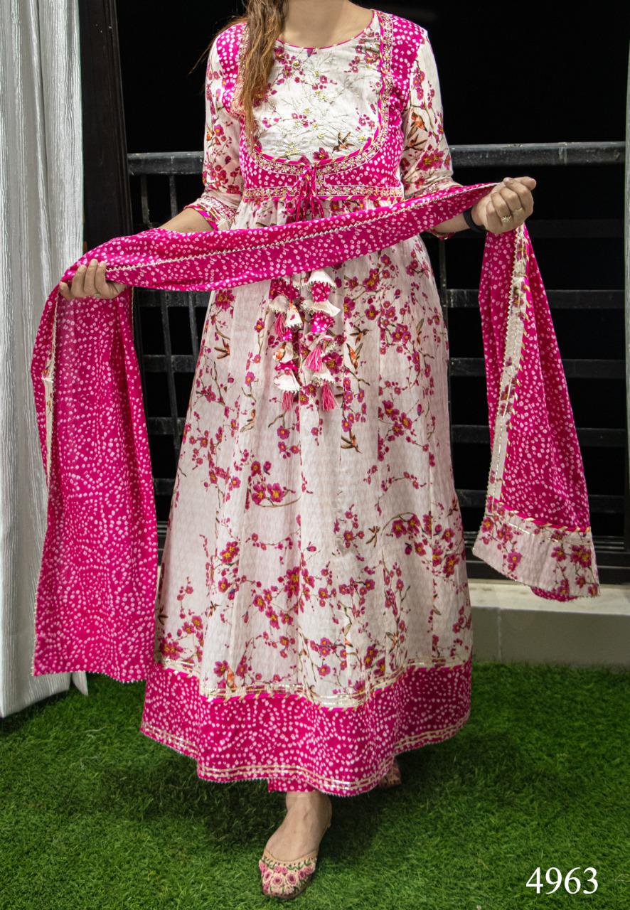 Pink Cotton Anarkali Kurti with Pant (KB)