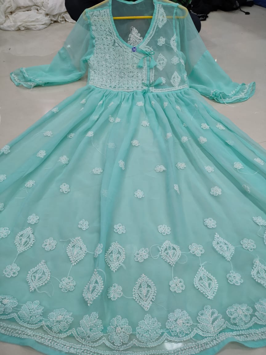 Chikankari Gown with bow knot