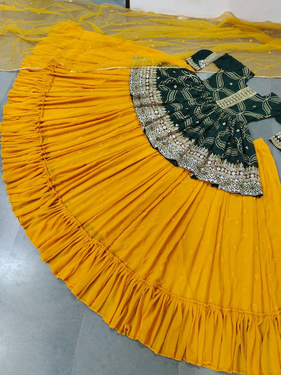 Lehenga Choli in Yellow n Green Embroidered