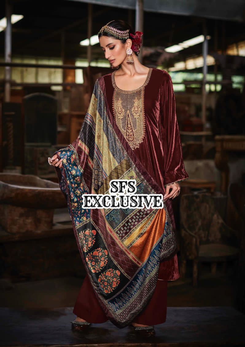 Velvet Embroidered Suit with Pashmina Bottom