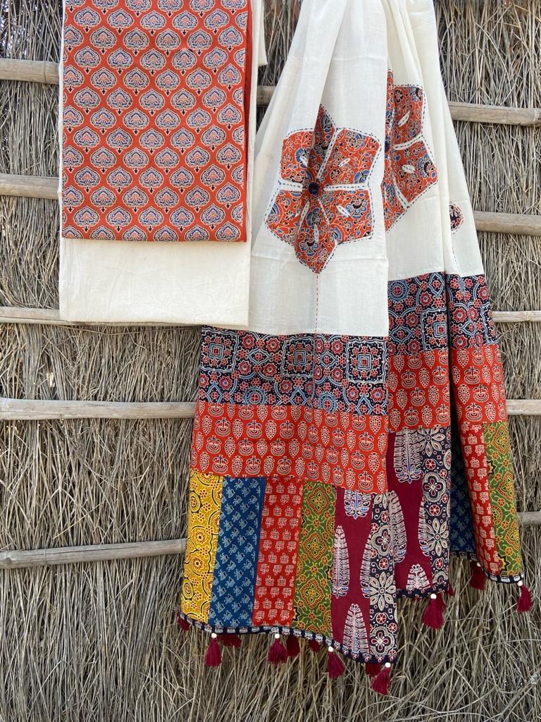 Ajrakh Suits with Applique Dupatta