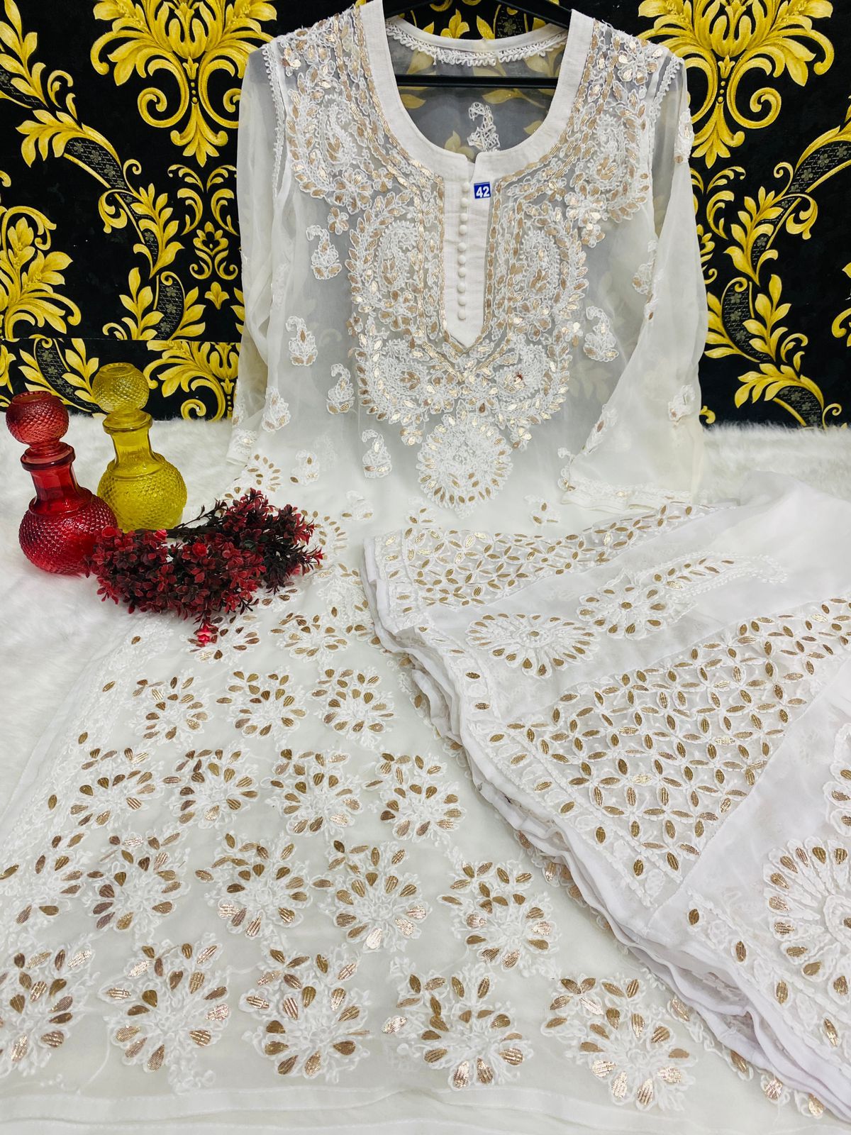 Beautiful Georgette Chikan Kurti Sharara