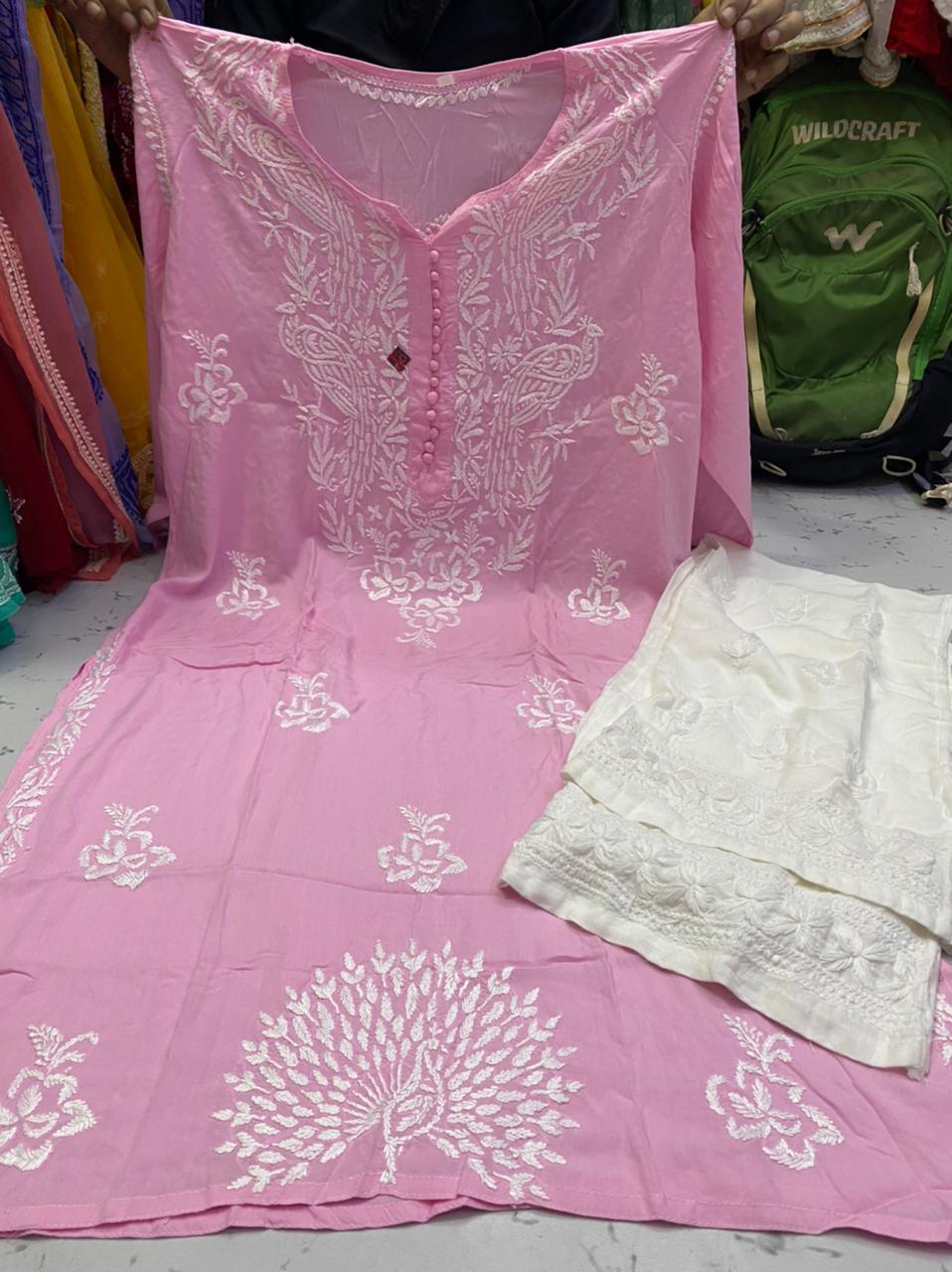 Chikankari Kurti Pant with peacock design