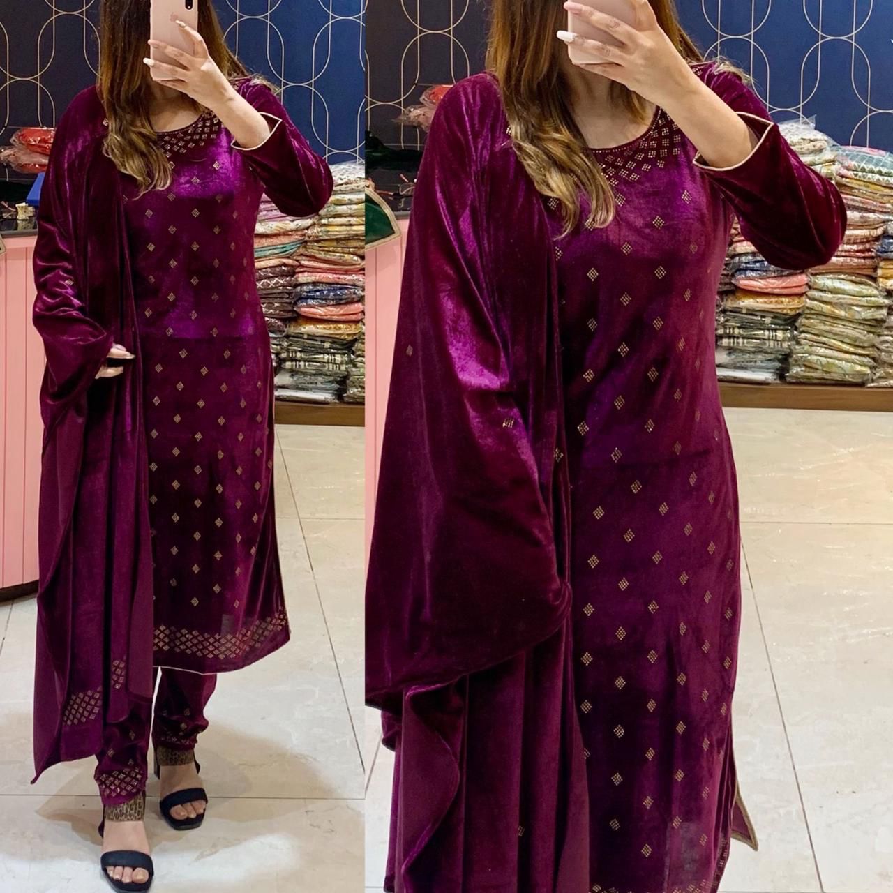 Stitched Velvet Kurti Pant Stole