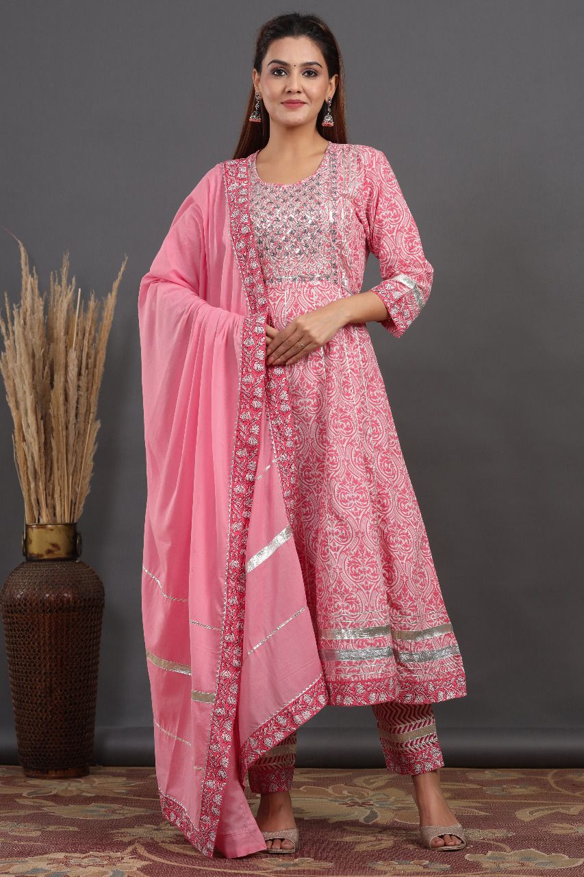 Cotton Bagru Print Anarkali with Ajrakh Print Pant n Dupatta