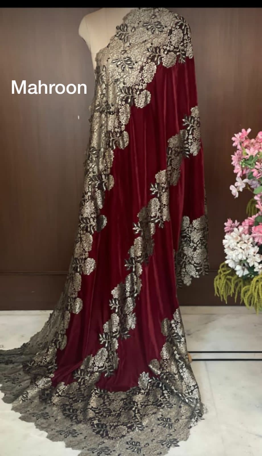 Micro Velvet stoles with knitted zari lace