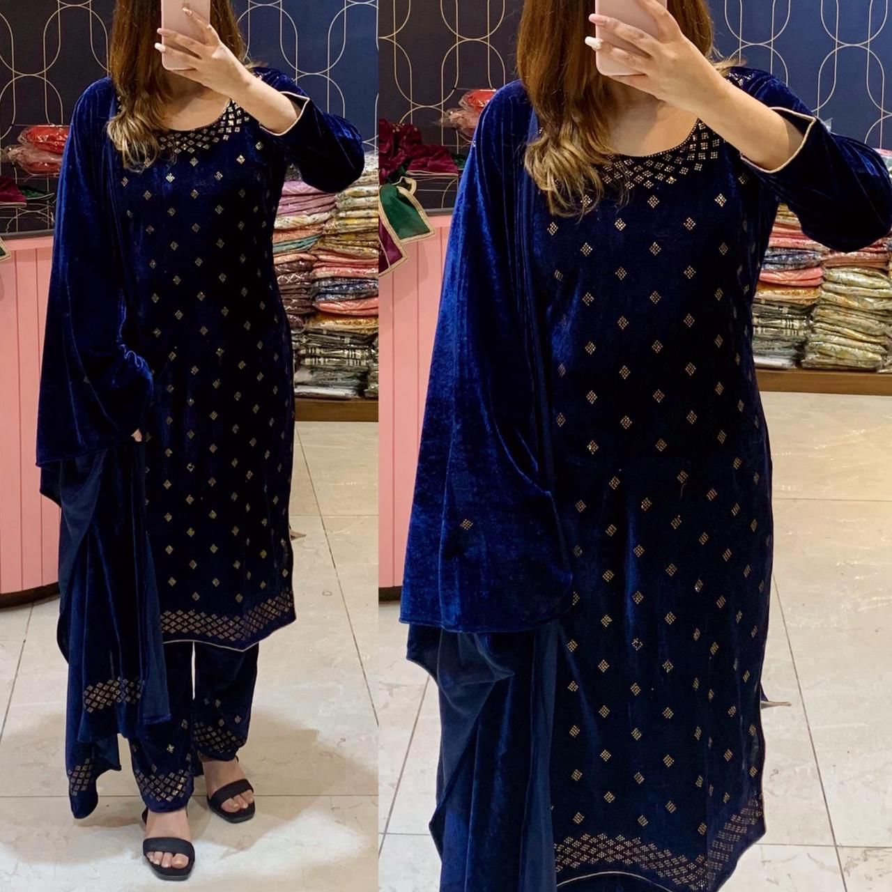 Stitched Velvet Kurti Pant Stole