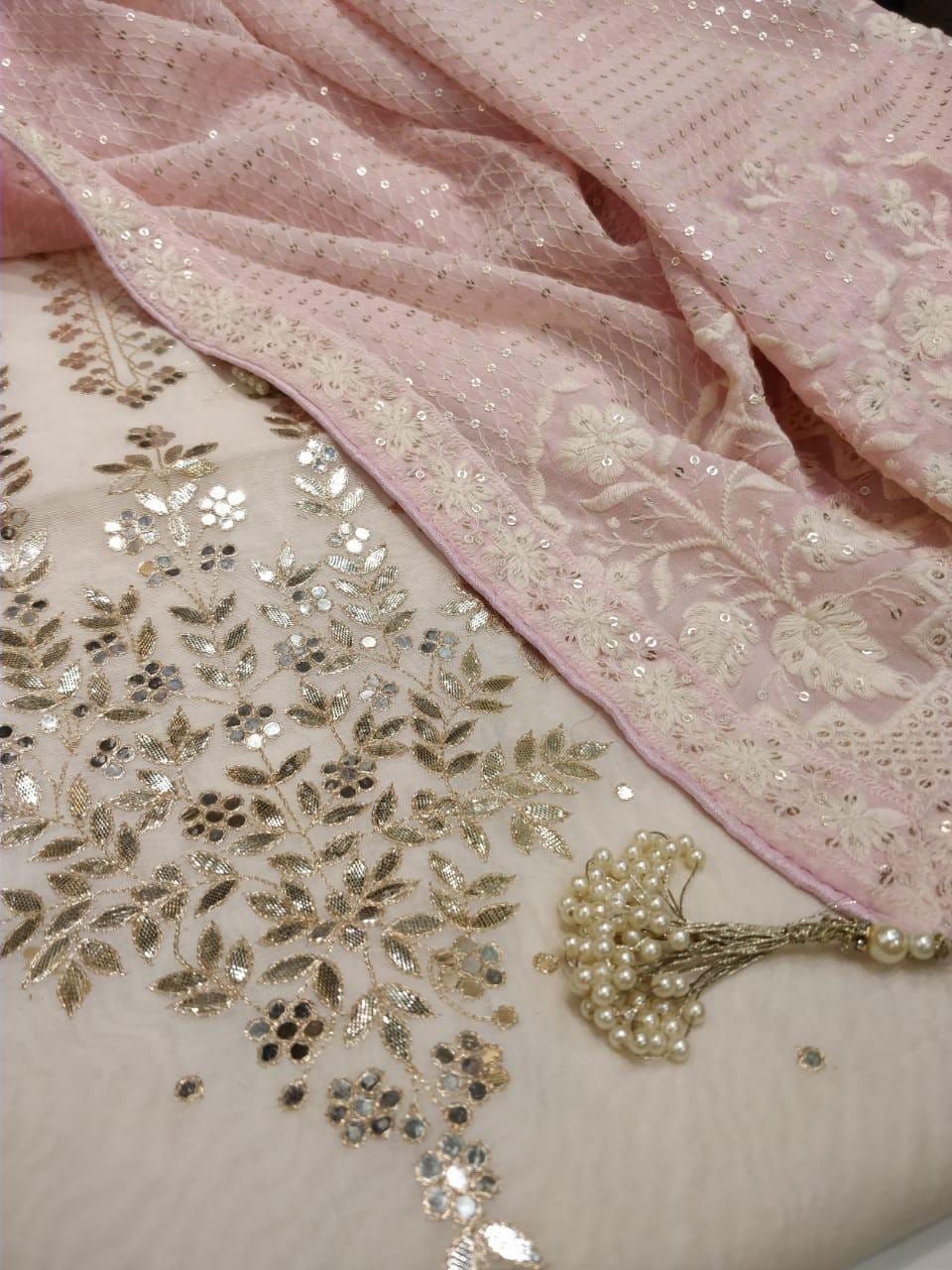 Chanderi Shirt with Gotta work, Georgette Embroidered Dupatta n Shantoon Bottom