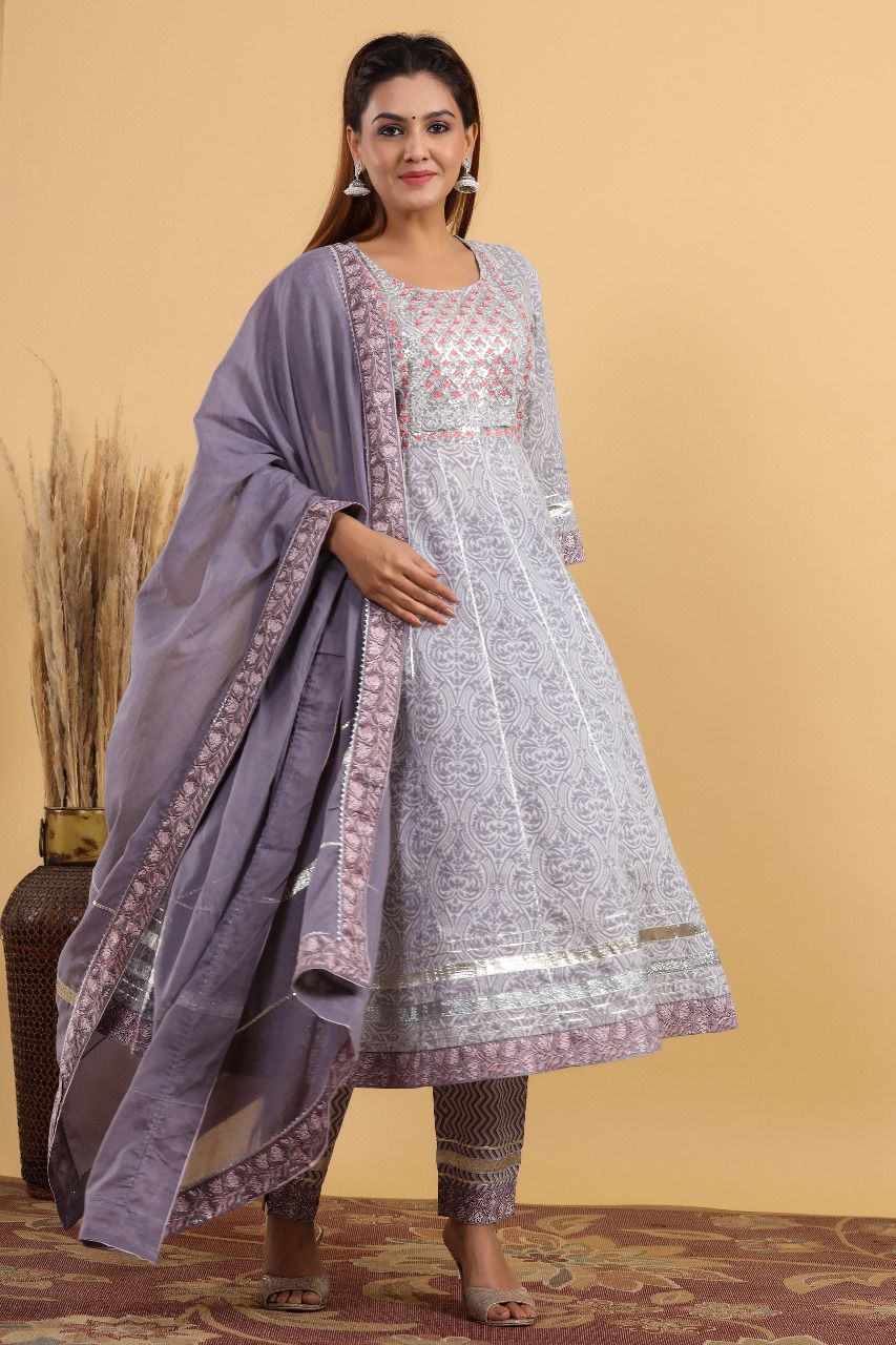 Cotton Bagru Print Anarkali with Ajrakh Print Pant n Dupatta